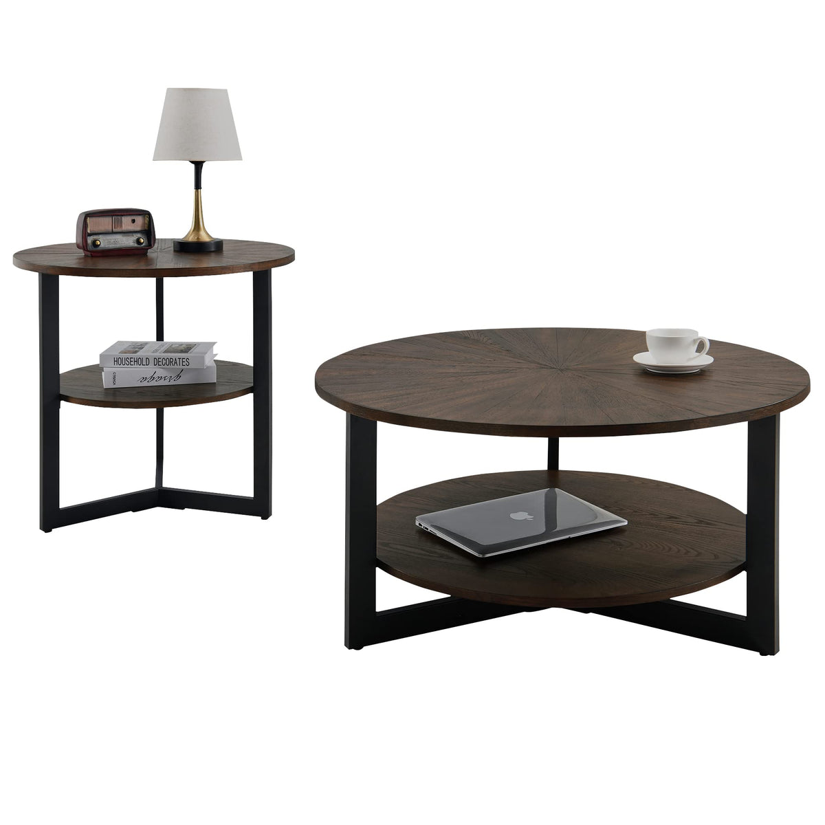 Round Coffee Table with Storage Shelf, Black Metal Legs, 35.3''D x 17.8''H J11856
