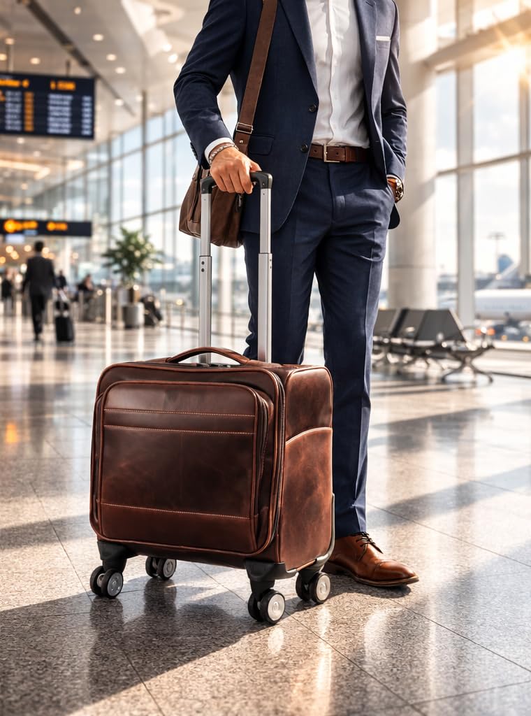 Leather Rolling Briefcase with Trolley Handle U56975
