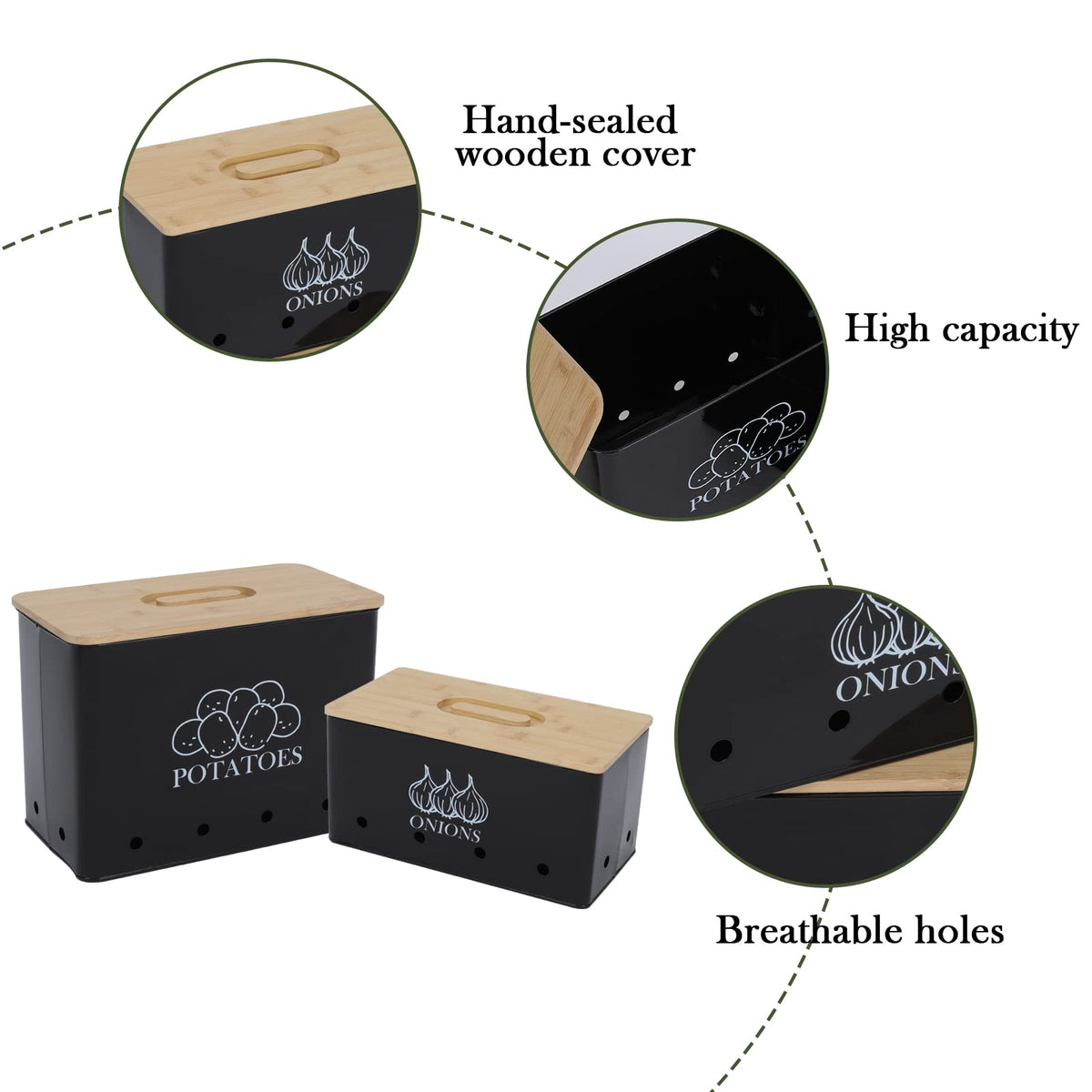 Vented Metal Vegetable Storage Bin Set of 2 with Wooden Lids R37171