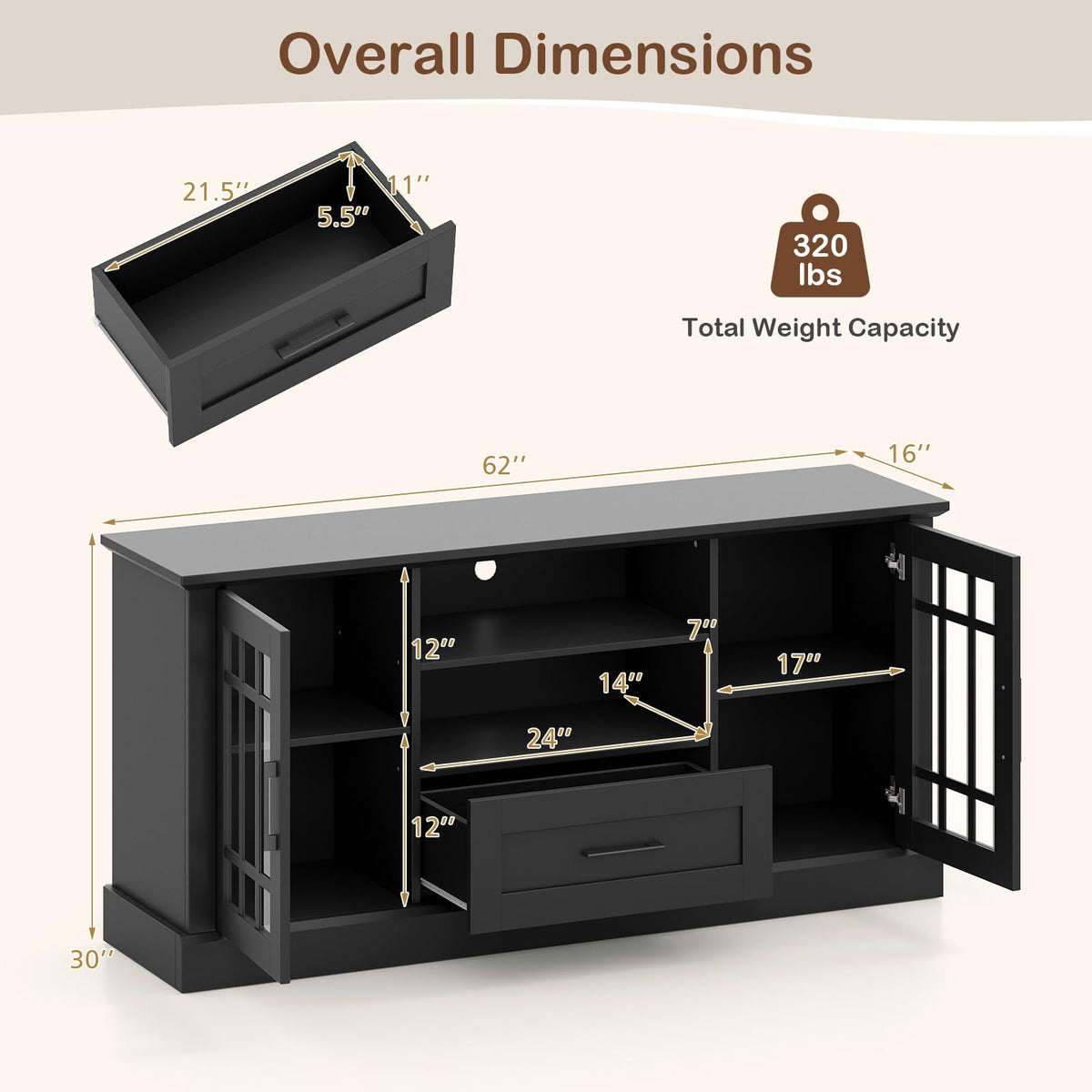 Black Wood TV Stand with 2 Glass Cabinets and 1 Drawer R401