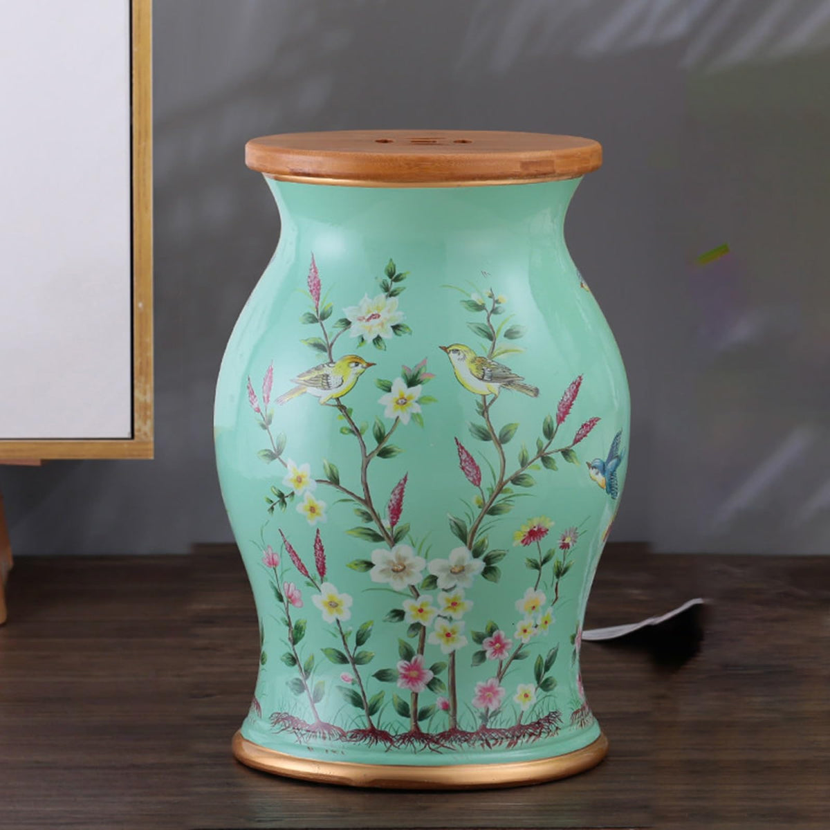 Ceramic Garden Stool Floral Bird Drum Accent Table Teal X37786