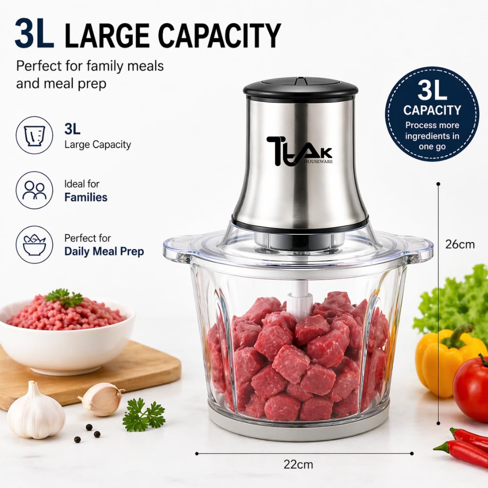 Electric Food Chopper with 3L Glass Bowl, 300W Motor, 4 Blades Q484