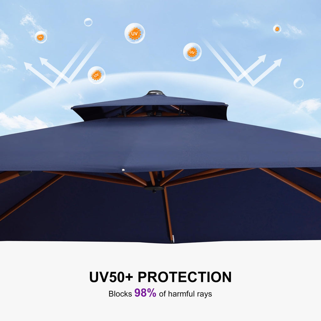 10ft Double Top Wood-Grain Finish Navy Blue Patio Umbrella R458