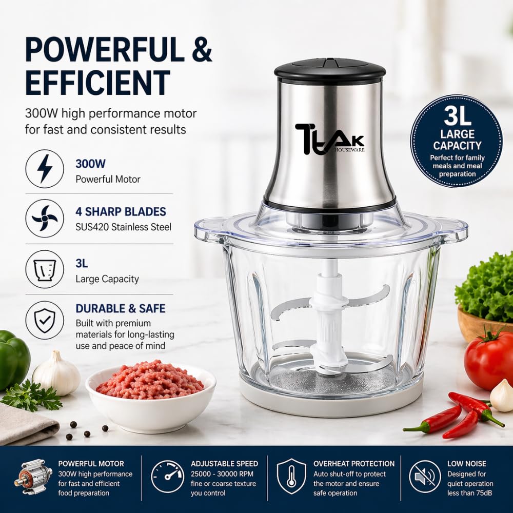 Electric Food Chopper with 3L Glass Bowl, 300W Motor, 4 Blades Q484