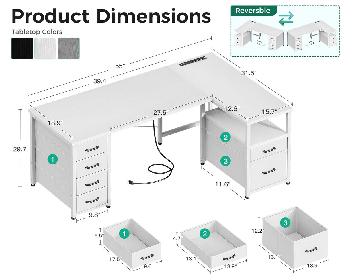 55 Inch L Shaped Office Desk with 6 Drawers White Y548319