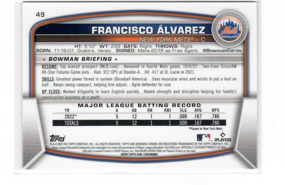 2023 Bowman Chrome Mega Box Mojo Refractor Red #49 Francisco Alvarez RC Baseball Card C384