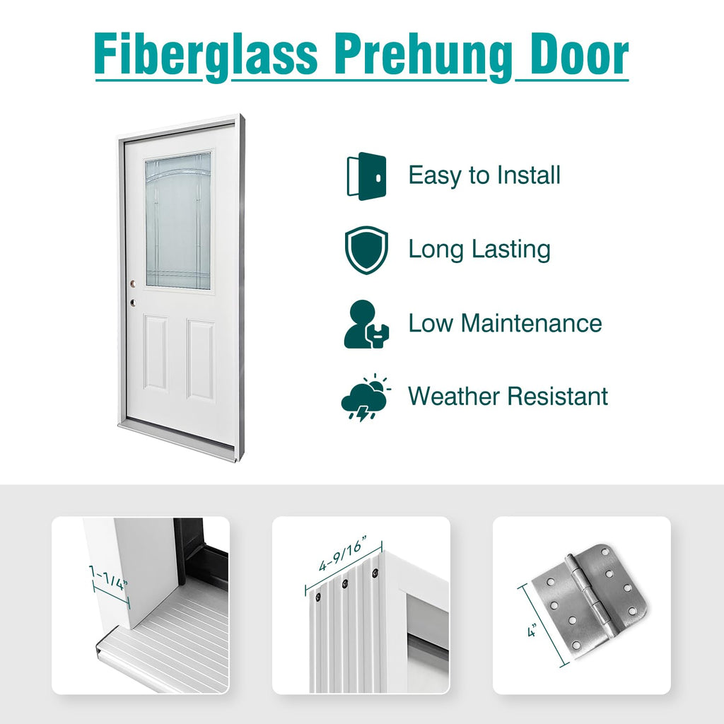 White Fiberglass Prehung 36" x 80" Entry Door B462202