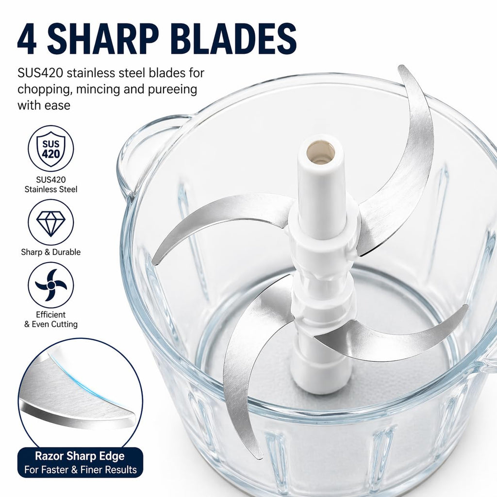 Electric Food Chopper with 3L Glass Bowl, 300W Motor, 4 Blades Q484