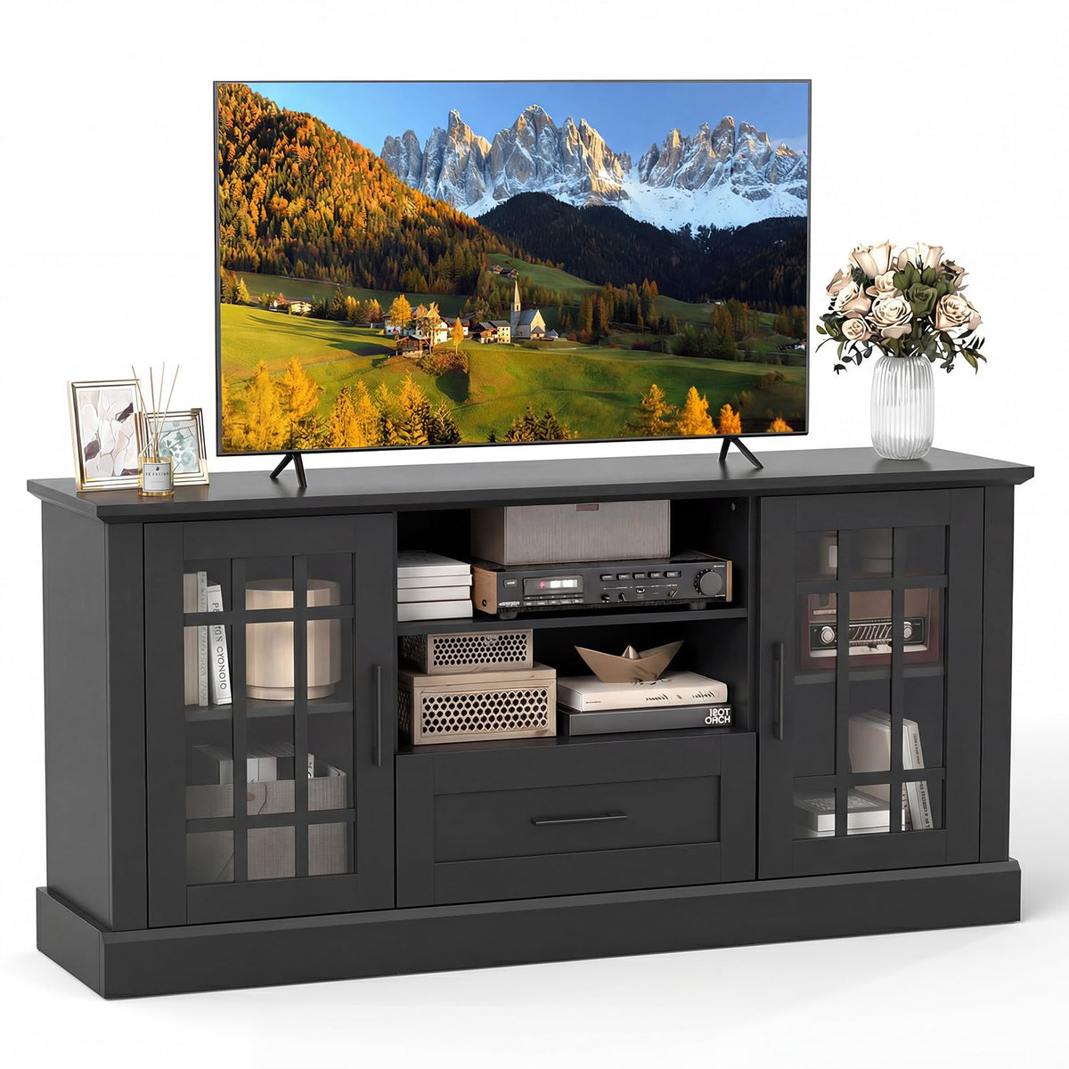Black Wood TV Stand with 2 Glass Cabinets and 1 Drawer R401