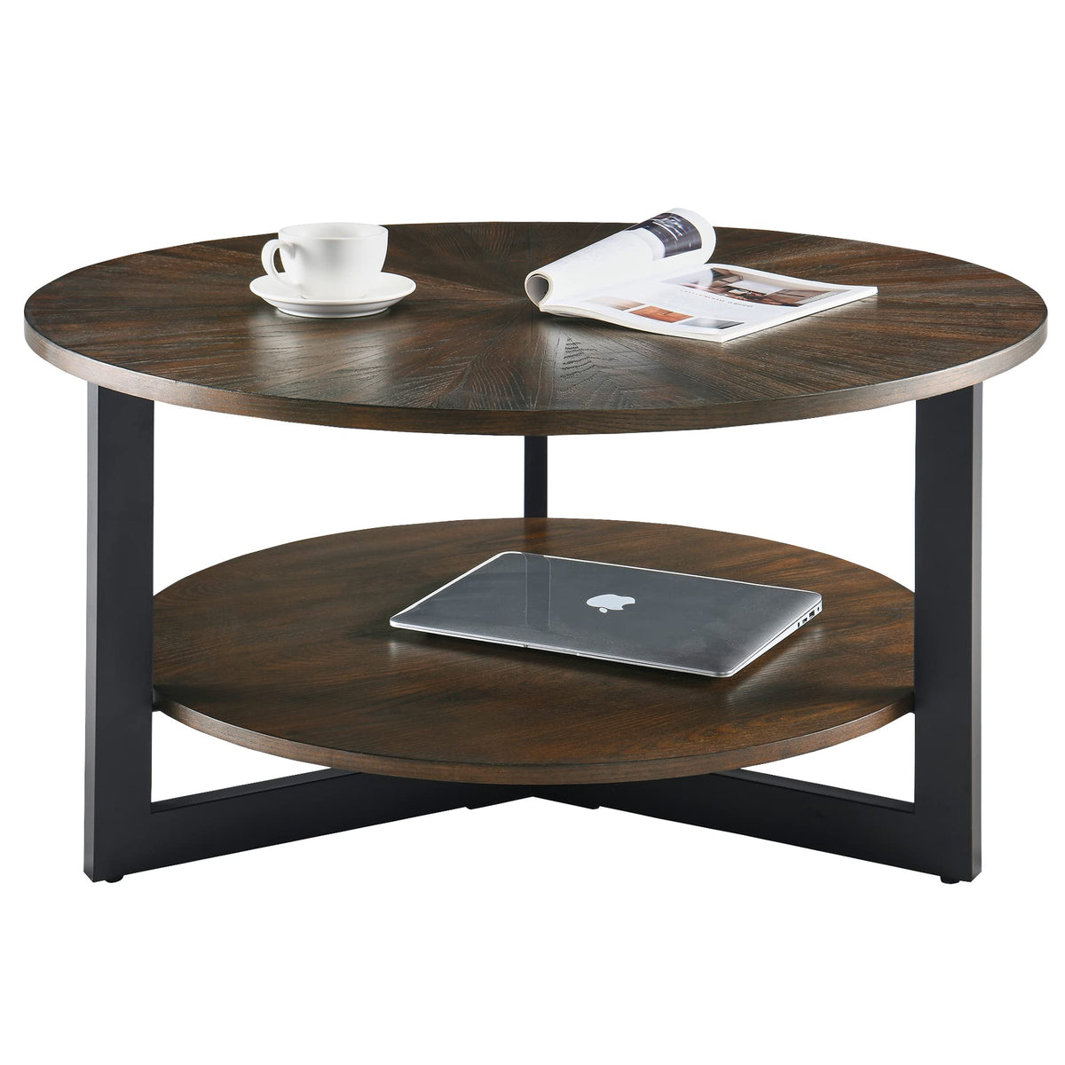 Round Coffee Table with Storage Shelf, Black Metal Legs, 35.3''D x 17.8''H J11856