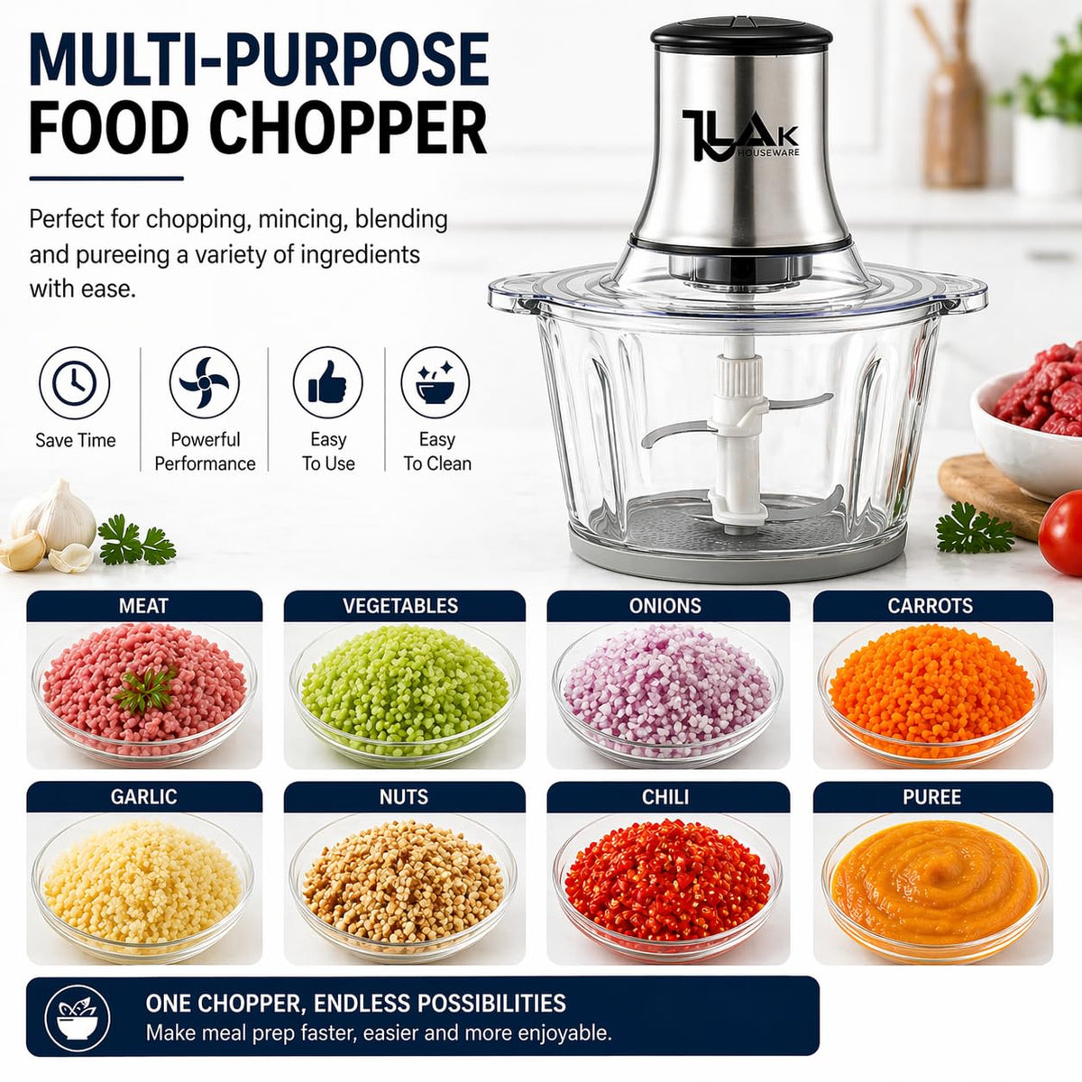 Electric Food Chopper with 3L Glass Bowl, 300W Motor, 4 Blades Q484