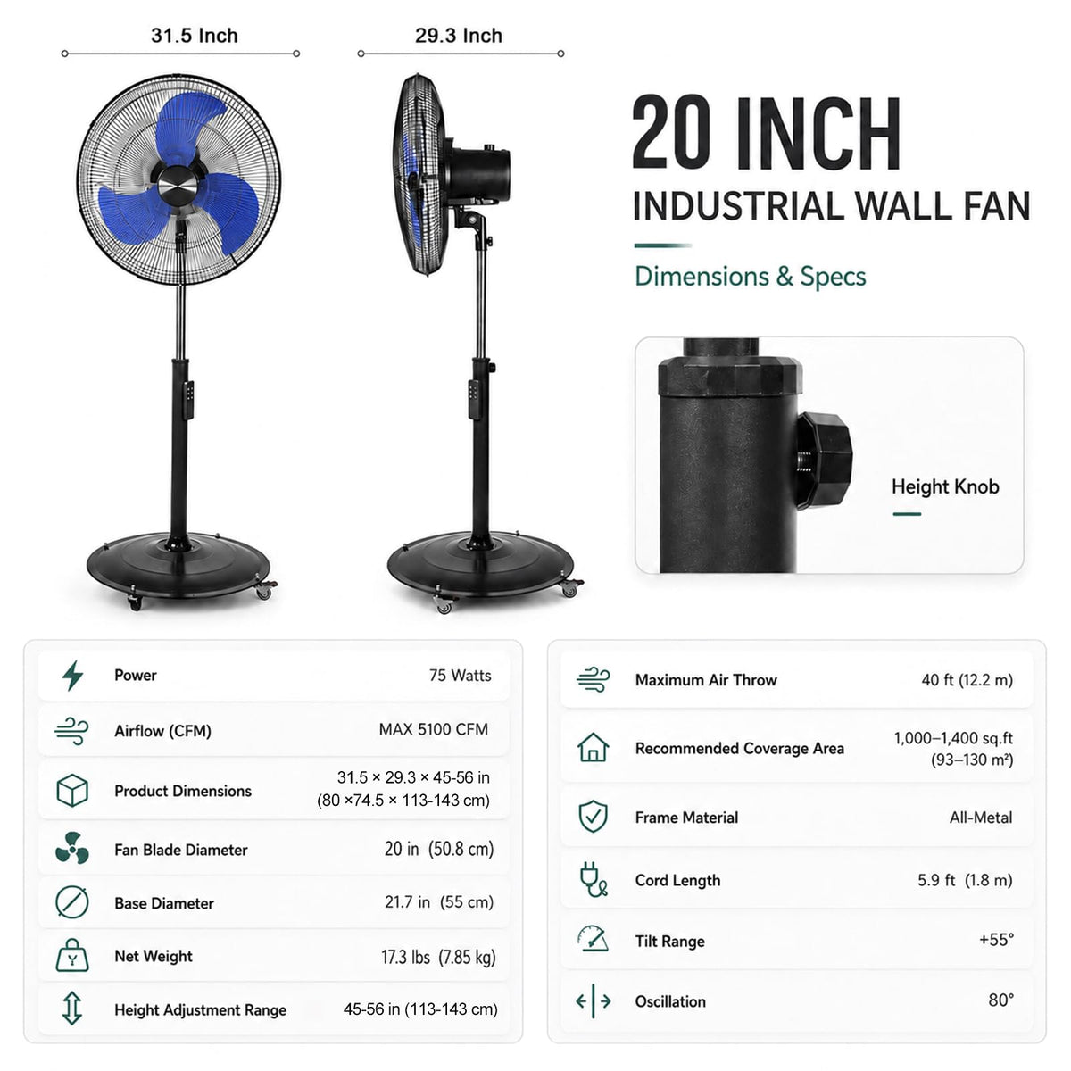 20 Inch Oscillating Pedestal Fan with Remote Control L3966