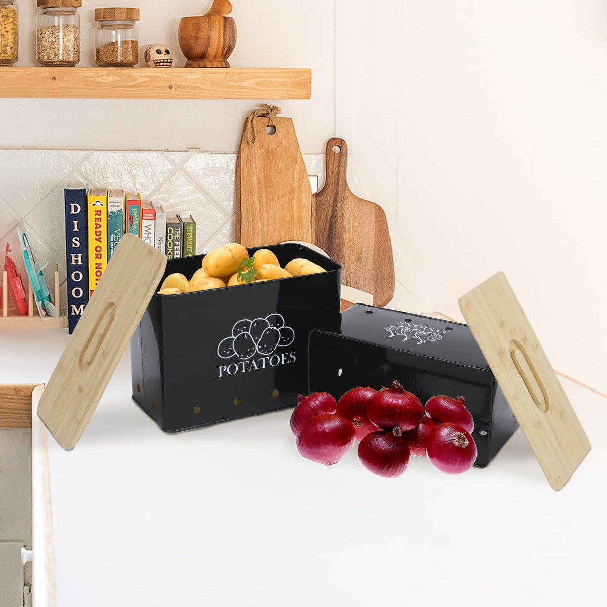 Vented Metal Vegetable Storage Bin Set of 2 with Wooden Lids R37171