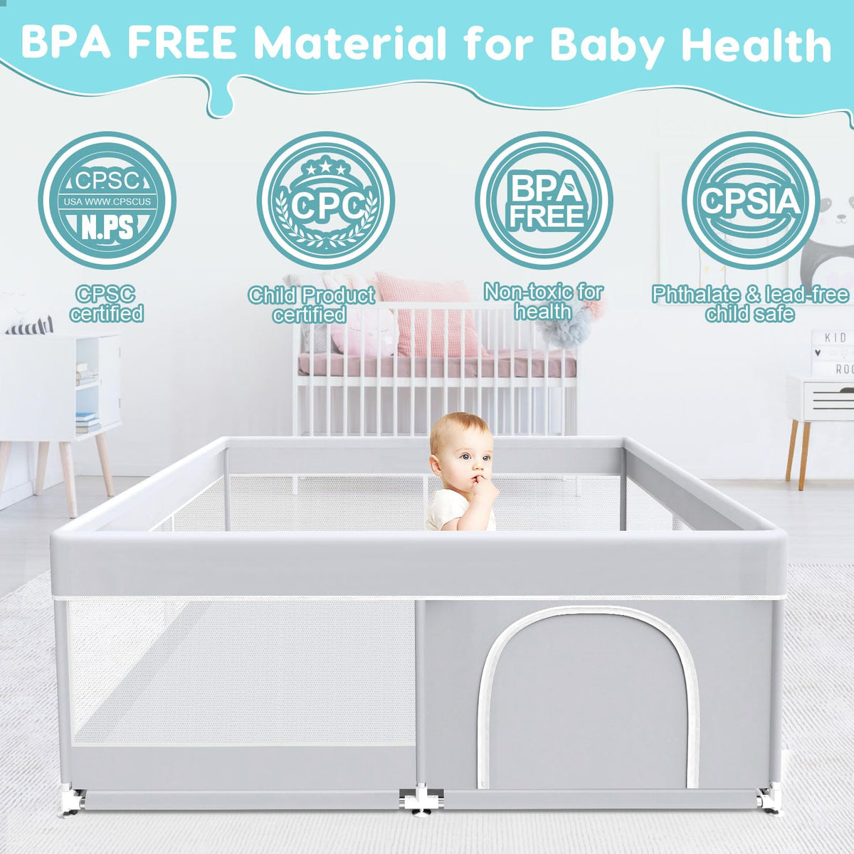 50x50 Inch Grey Baby Playpen with Mesh H817826