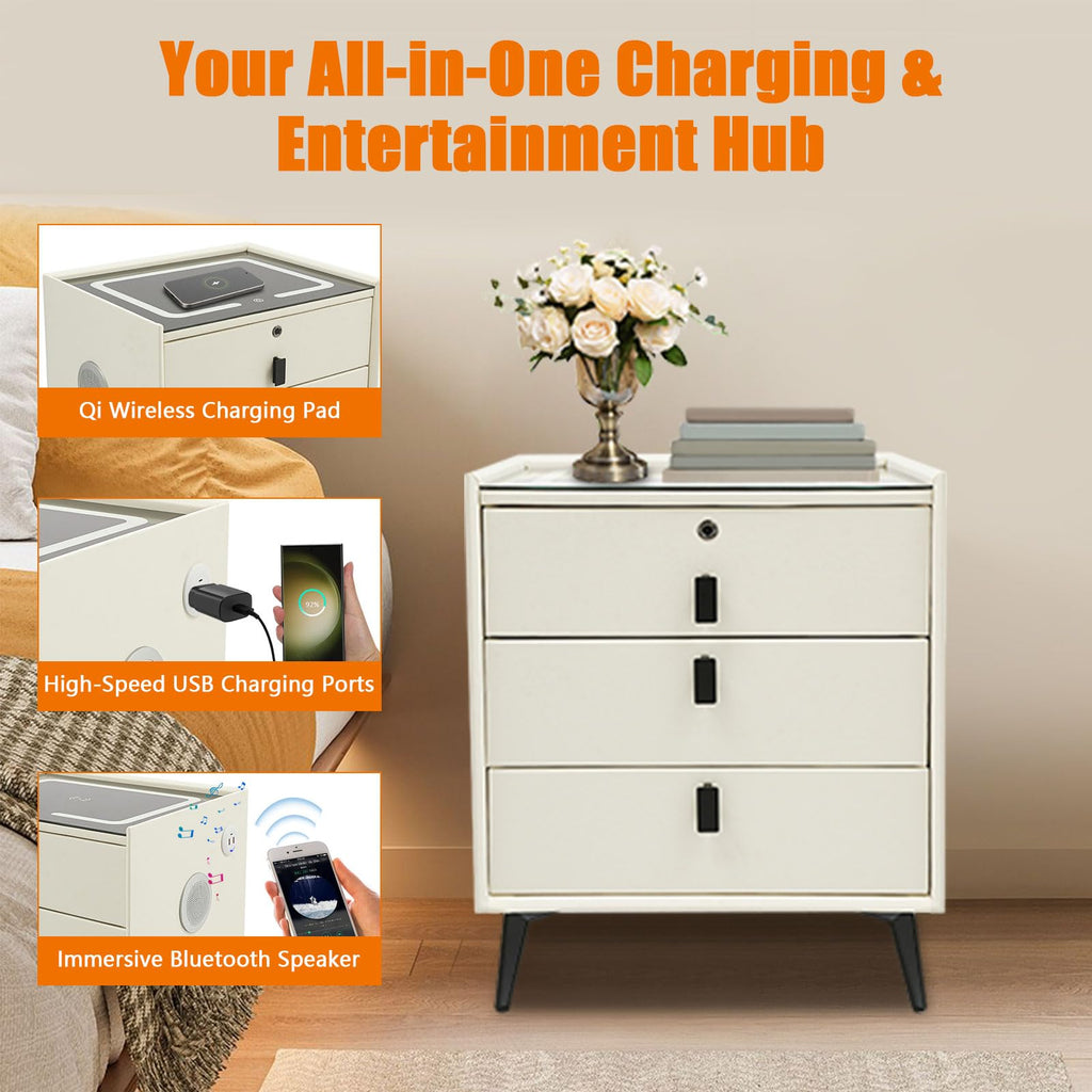 Beige White Smart LED Nightstand with USB Charging P914