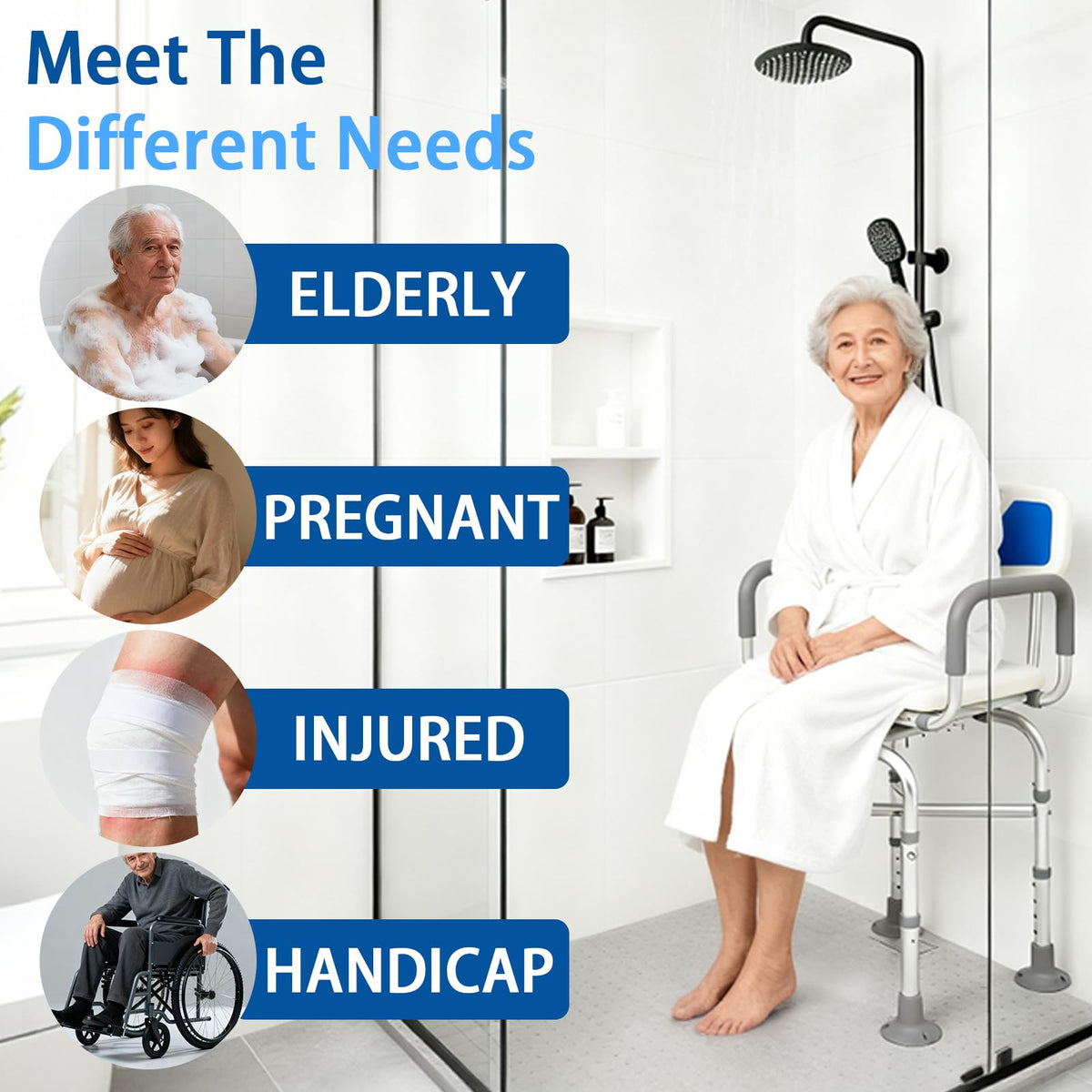 2-Level Width Adjustable 360° Heavy Duty Swivel Shower Chair with Arms and Back M5659