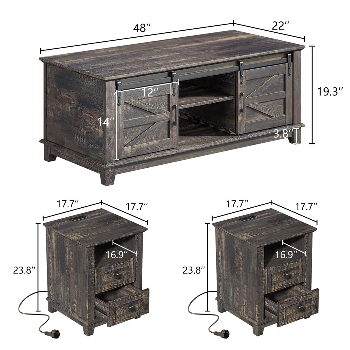 4 Piece Farmhouse Living Room Table Set with TV Stand Coffee Table and End Tables H55731