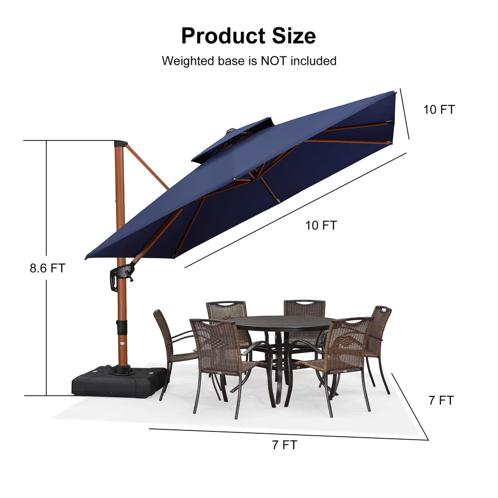 10ft Double Top Wood-Grain Finish Navy Blue Patio Umbrella R458