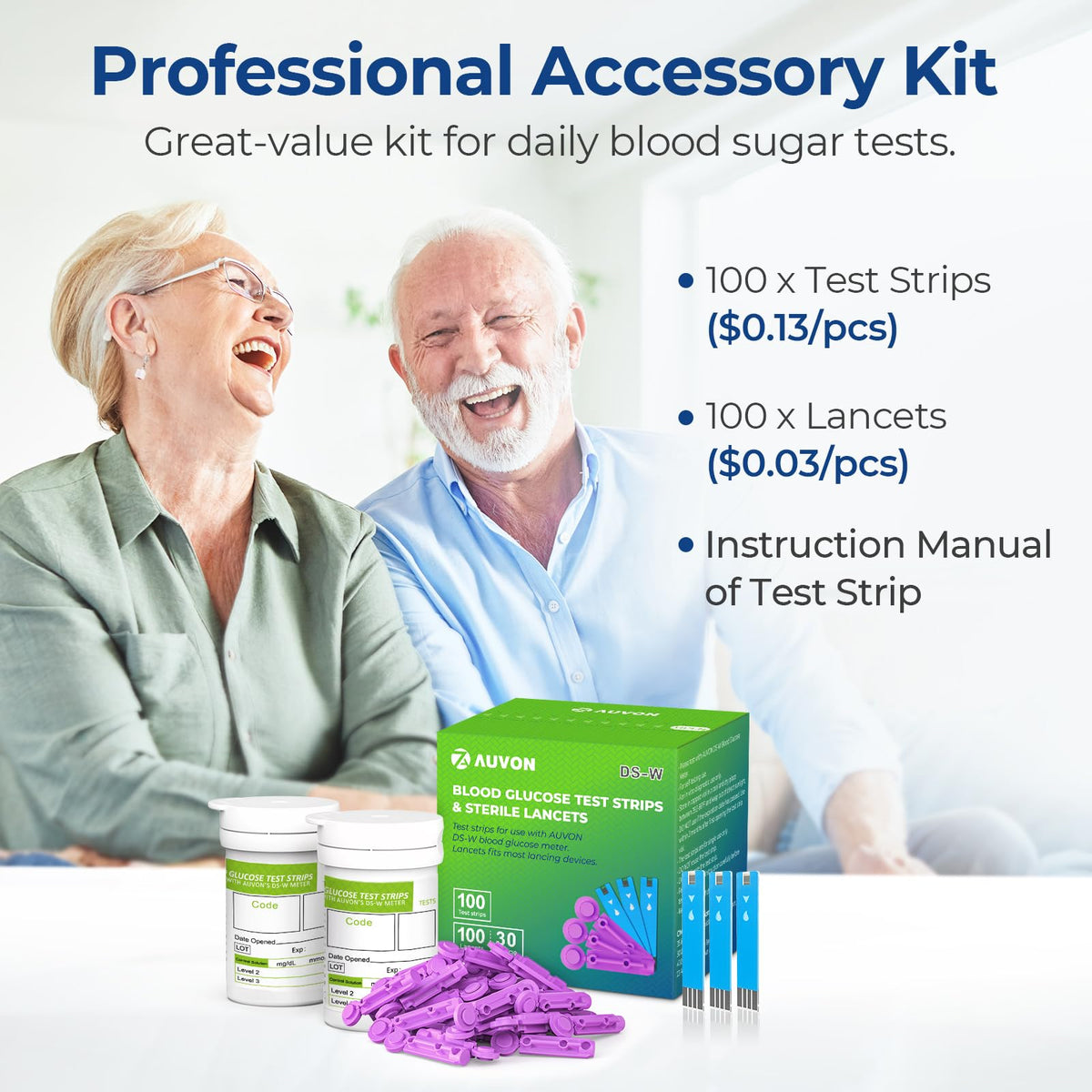 Blood Glucose Test Strips & Lancets Kit, 100 Pack, 30 Gauge H8754
