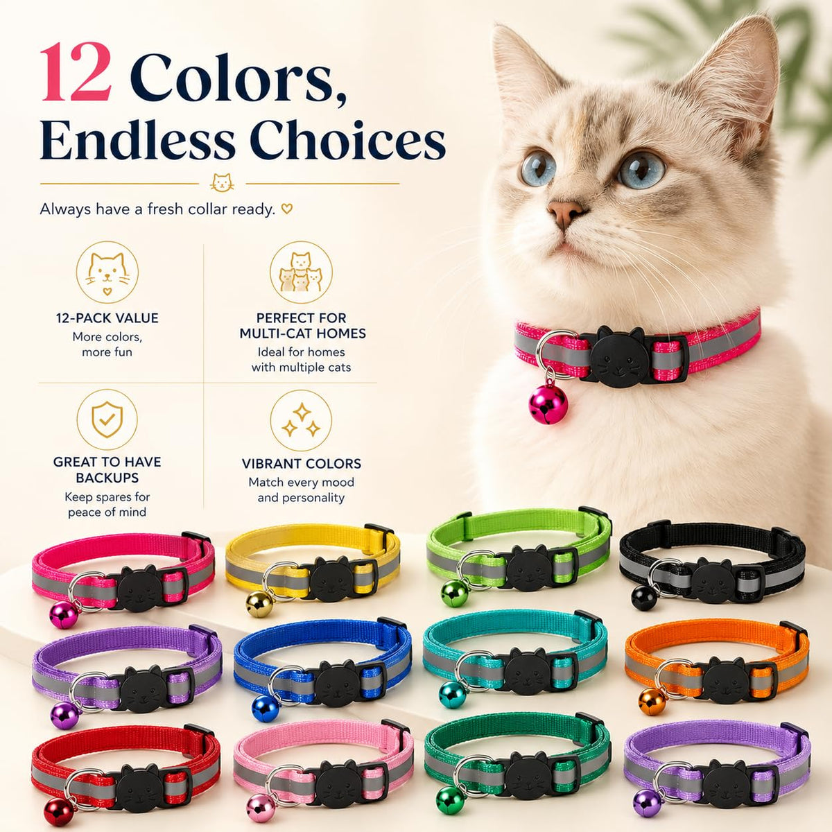 Reflective Breakaway Cat Collar with Bell 12-Pack N299