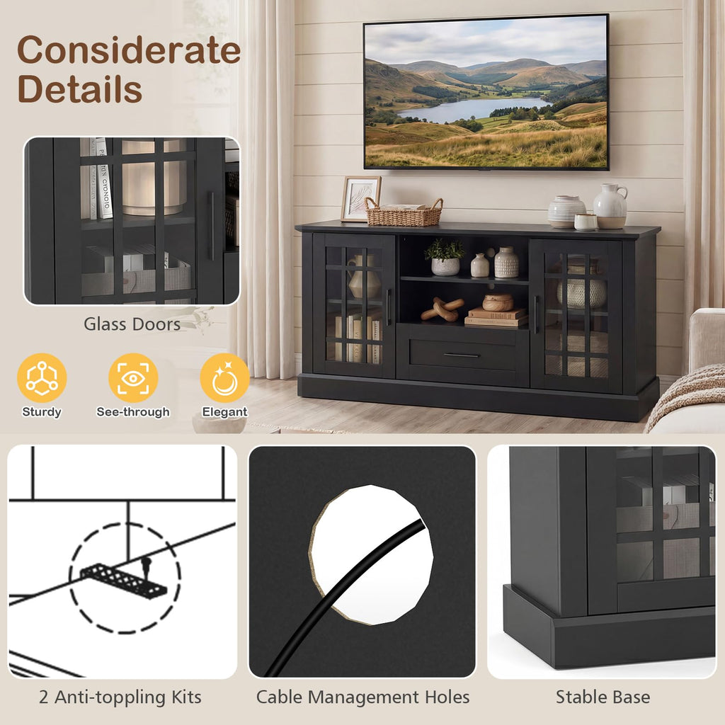 Black Wood TV Stand with 2 Glass Cabinets and 1 Drawer R401