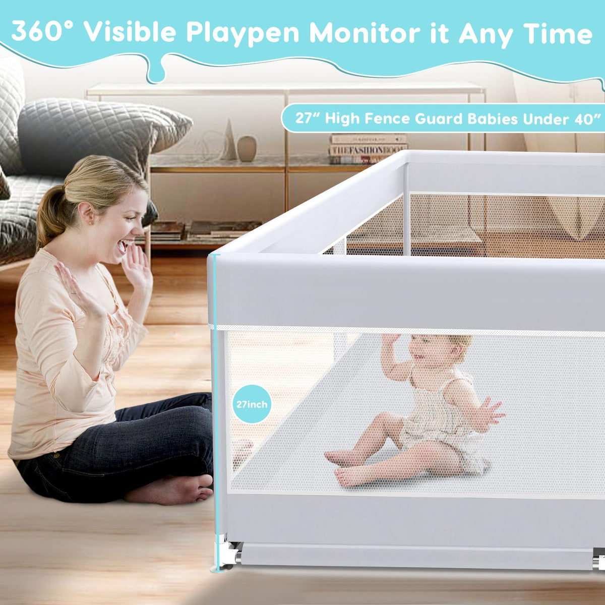 50x50 Inch Grey Baby Playpen with Mesh H817826