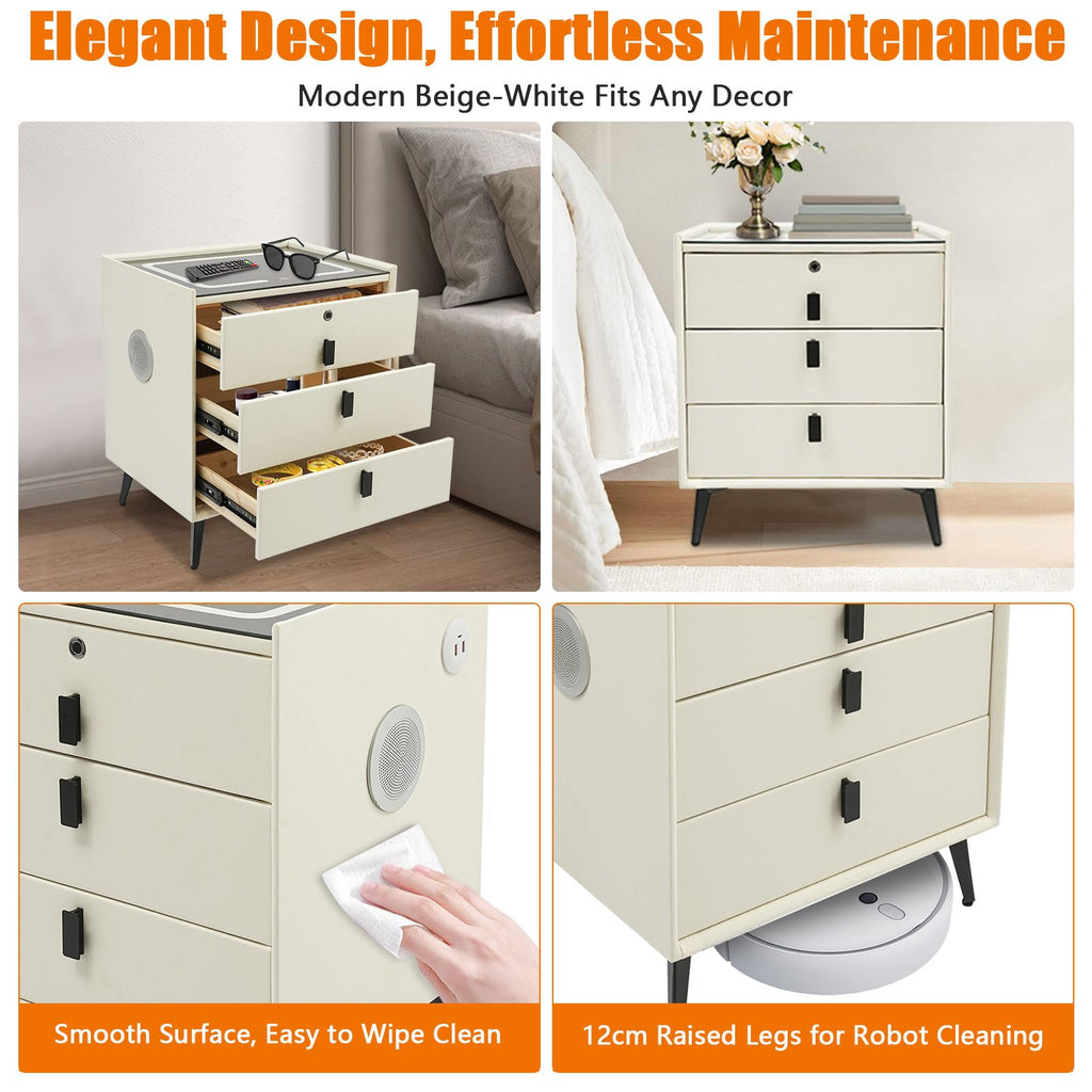 Beige White Smart LED Nightstand with USB Charging P914