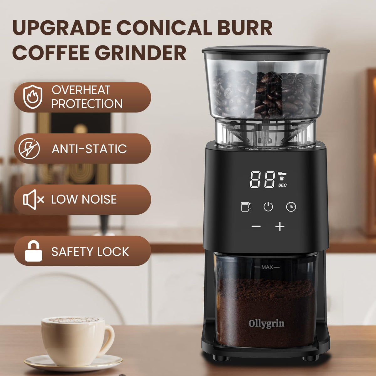 Electric Conical Burr Coffee Grinder, 30 Grind Settings, Black V4293