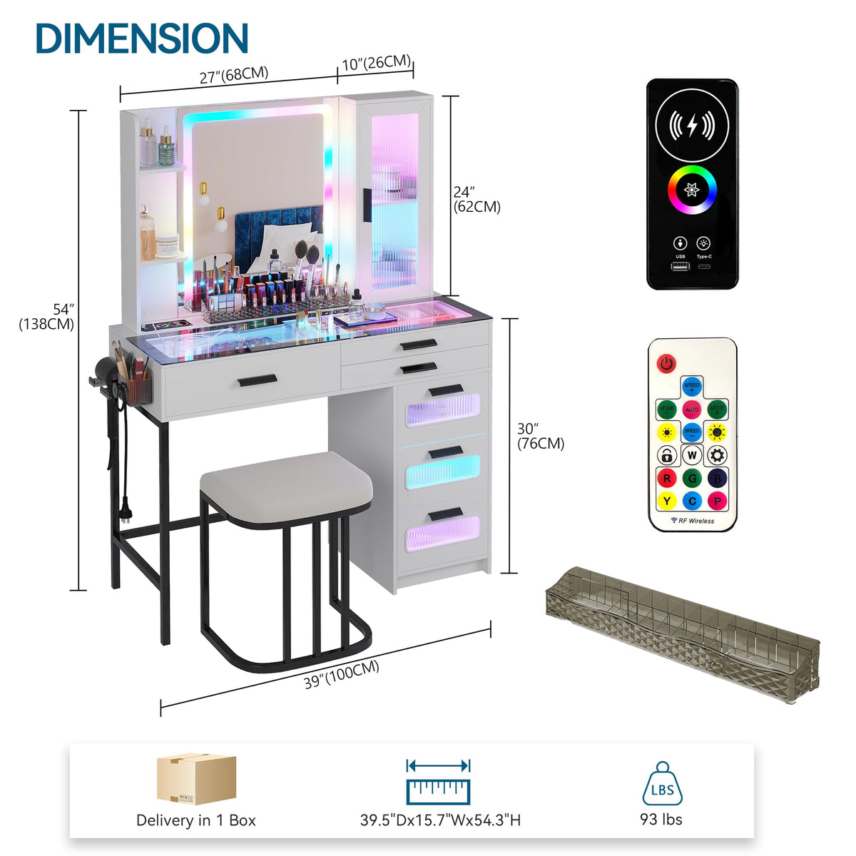 White Vanity Desk with Lighted Mirror and 6 Drawers X4638