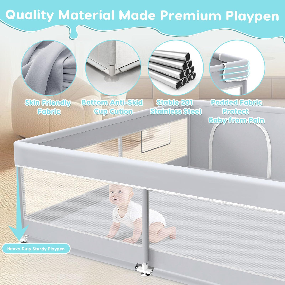 50x50 Inch Grey Baby Playpen with Mesh H817826
