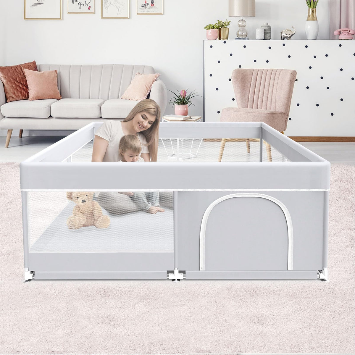50x50 Inch Grey Baby Playpen with Mesh H817826