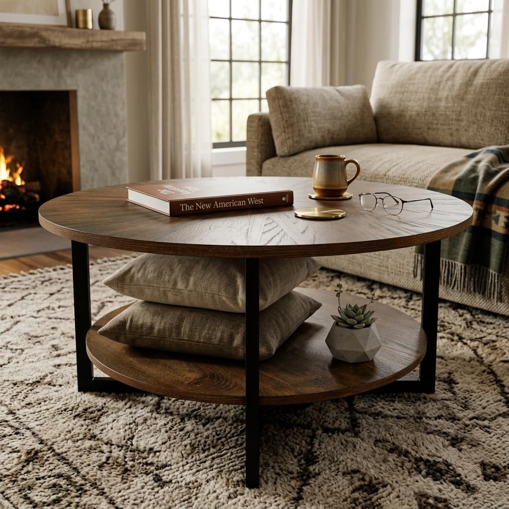 Round Coffee Table with Storage Shelf, Black Metal Legs, 35.3''D x 17.8''H J11856