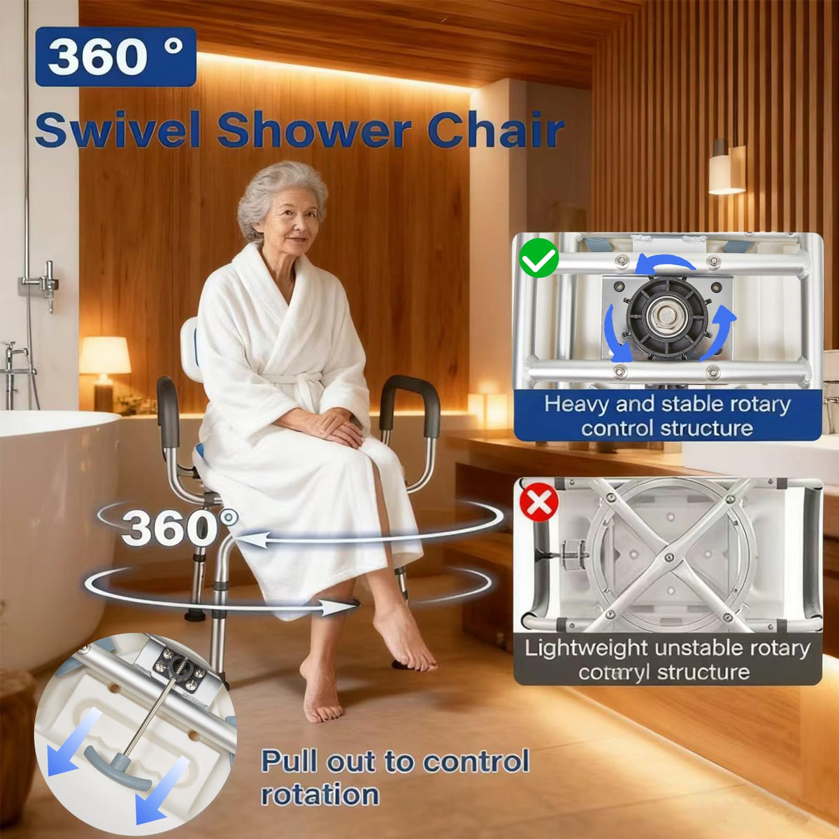 2-Level Width Adjustable 360° Heavy Duty Swivel Shower Chair with Arms and Back M5659