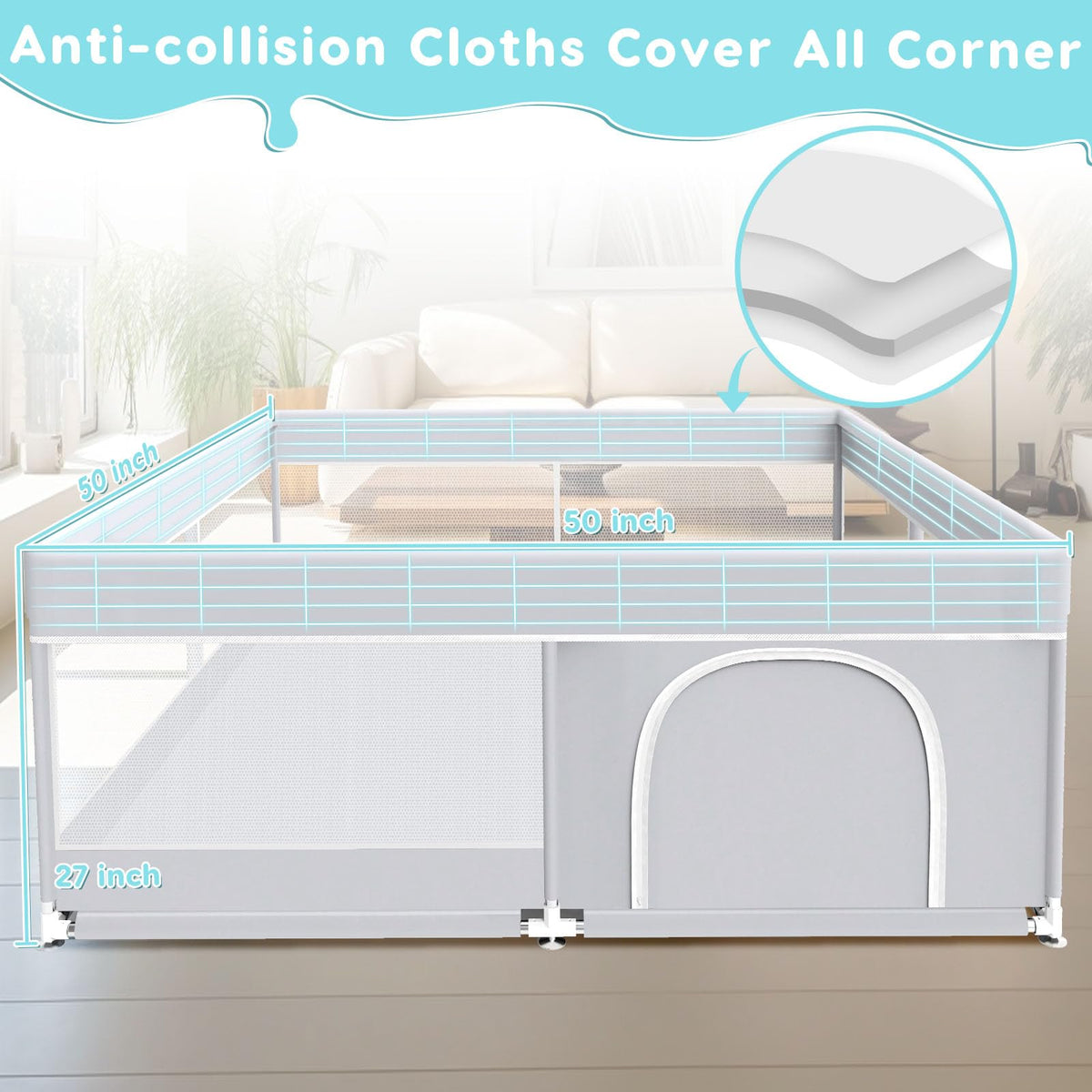 50x50 Inch Grey Baby Playpen with Mesh H817826