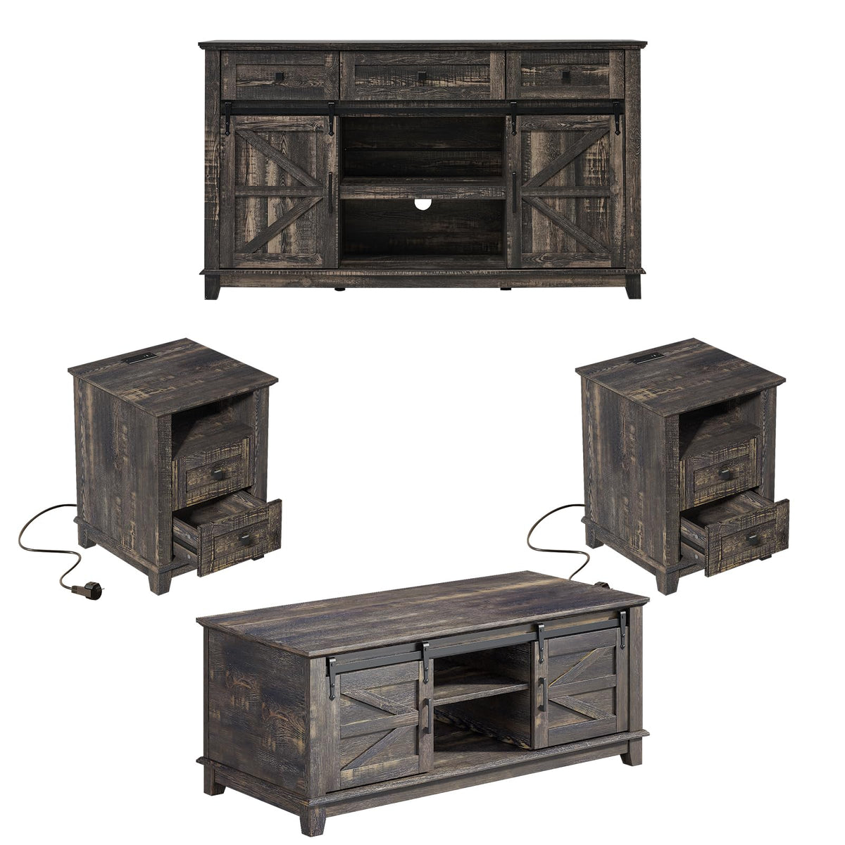 4 Piece Farmhouse Living Room Table Set with TV Stand Coffee Table and End Tables H55731