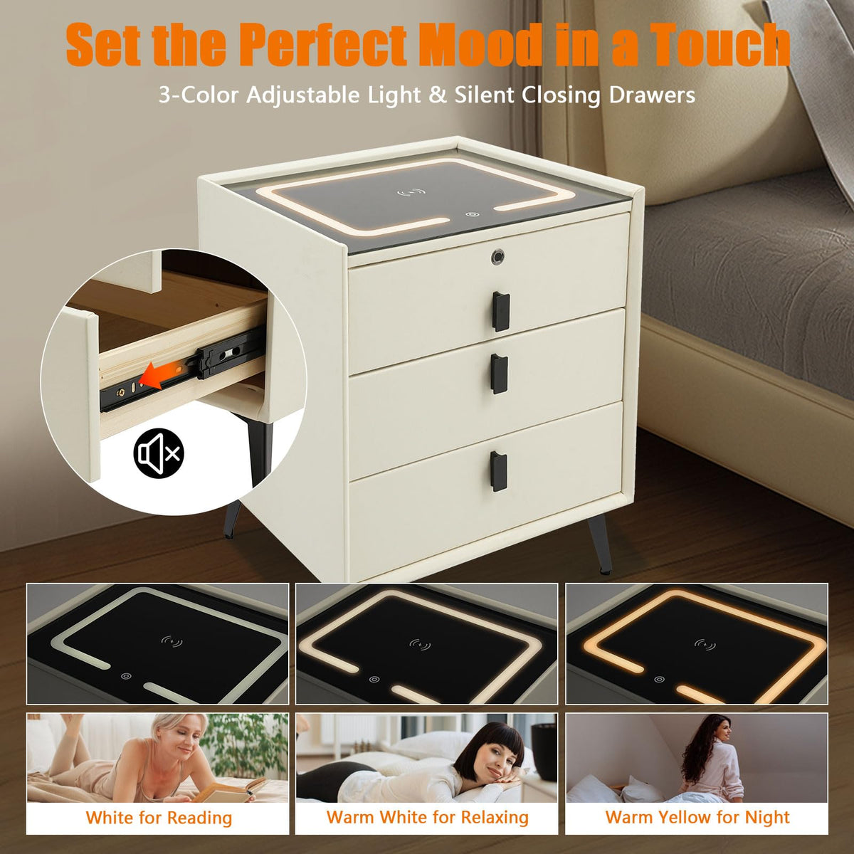 Beige White Smart LED Nightstand with USB Charging P914