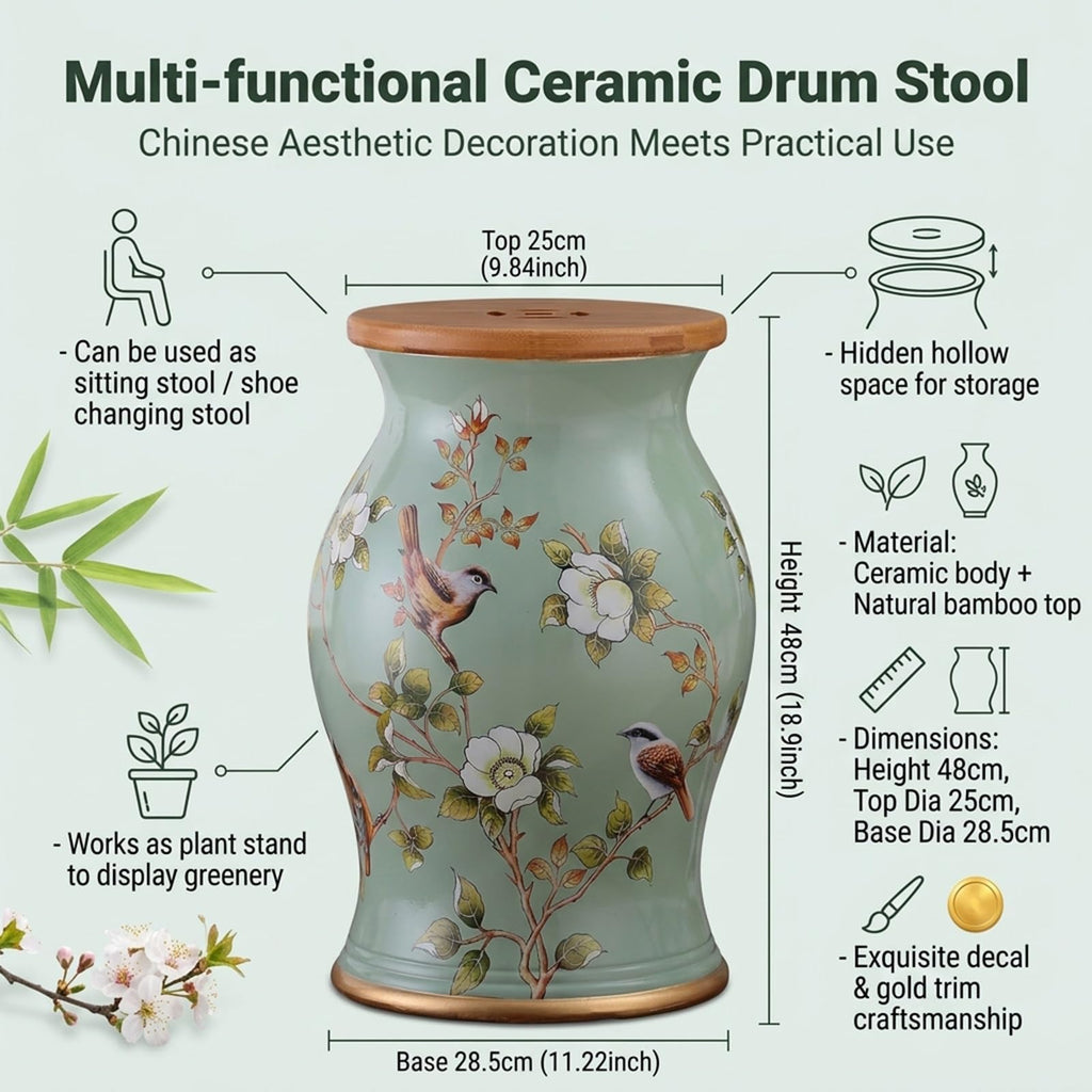 Ceramic Garden Stool Floral Bird Drum Accent Table Teal X37786