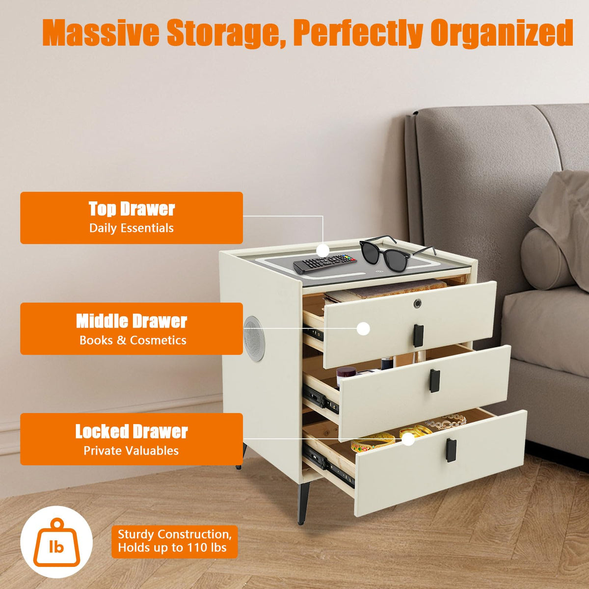 Beige White Smart LED Nightstand with USB Charging P914