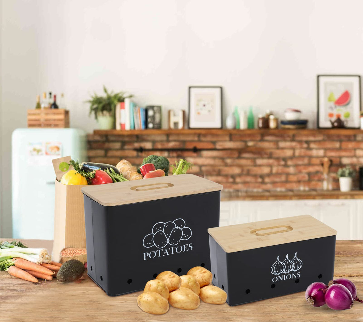 Vented Metal Vegetable Storage Bin Set of 2 with Wooden Lids R37171