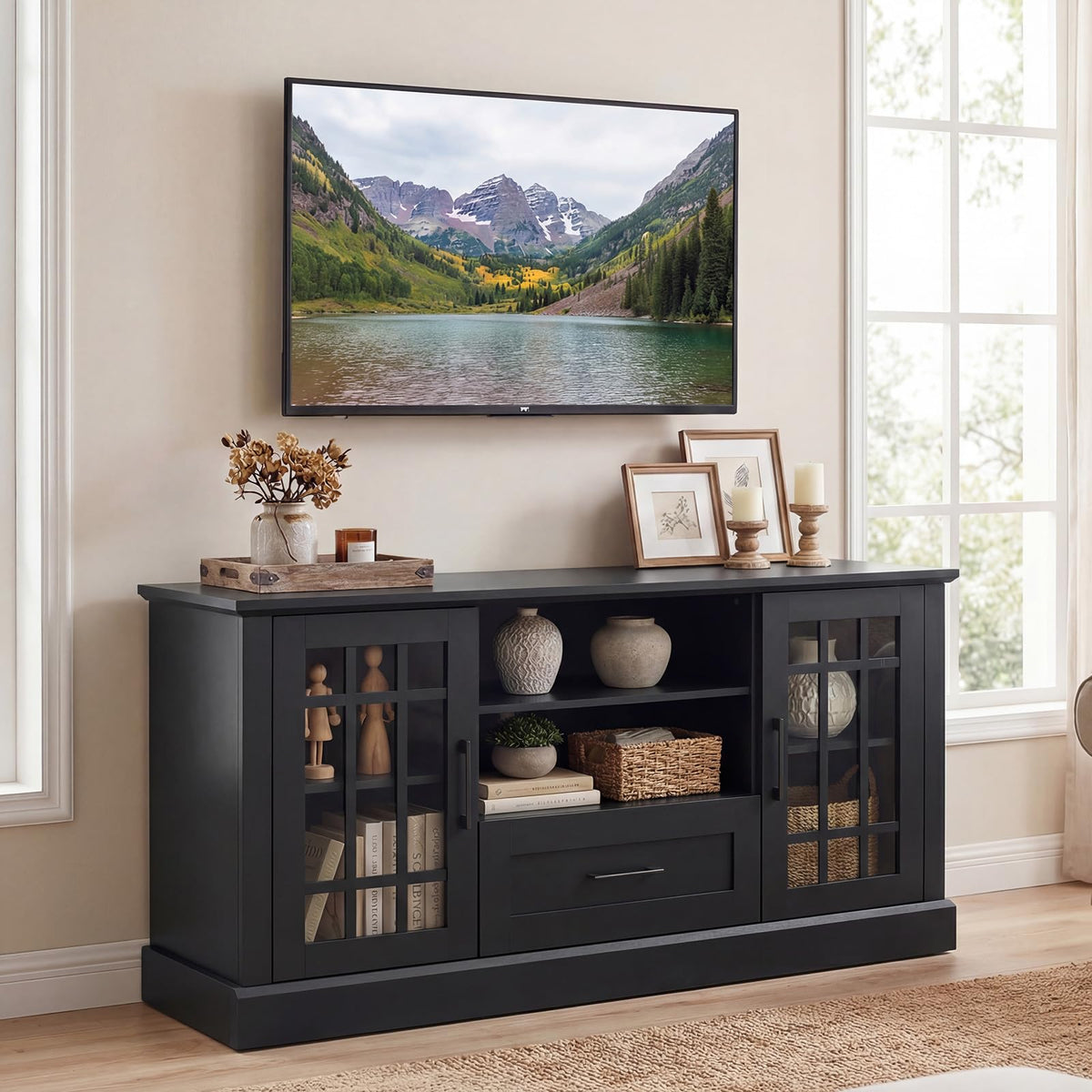 Black Wood TV Stand with 2 Glass Cabinets and 1 Drawer R401