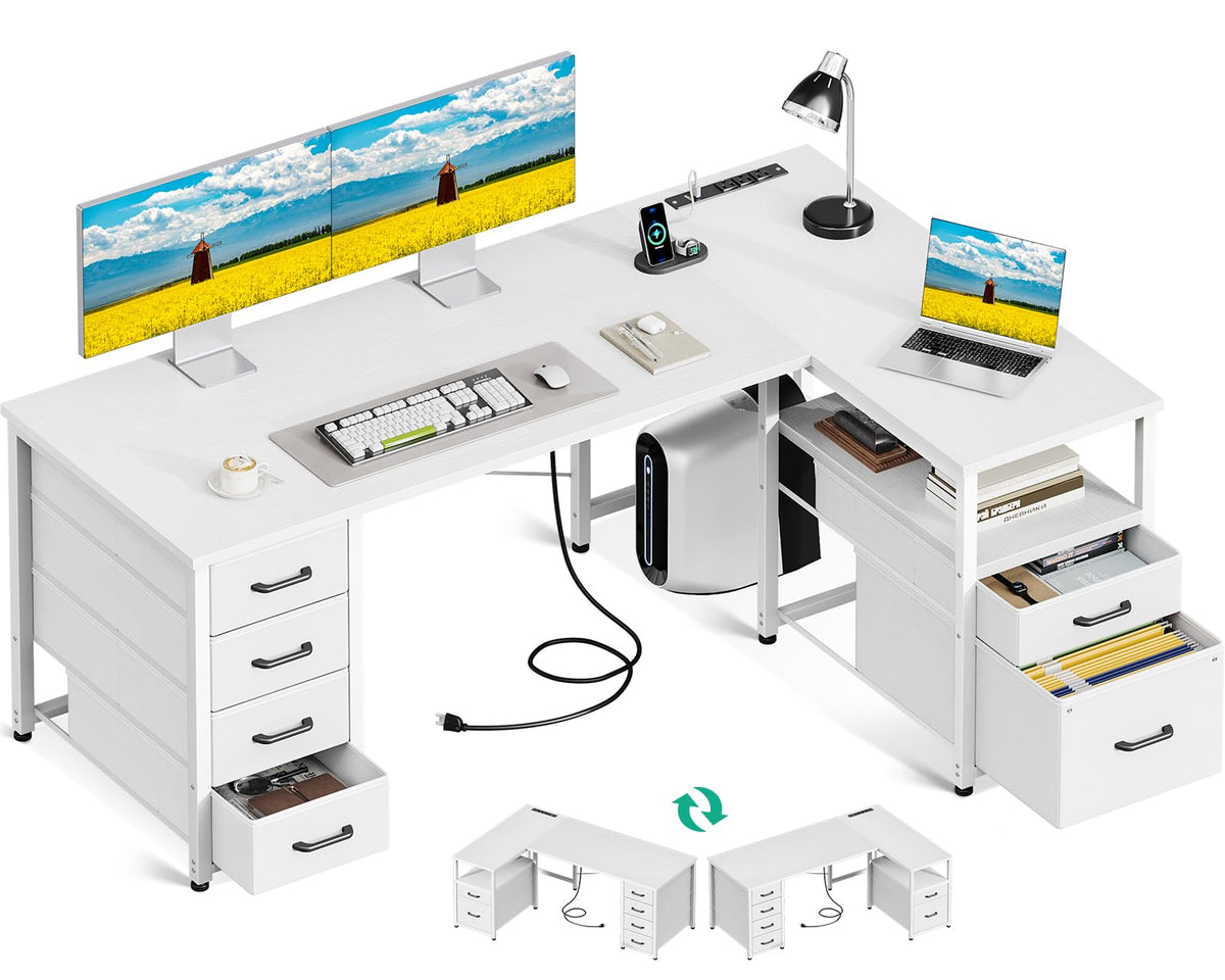 55 Inch L Shaped Office Desk with 6 Drawers White Y548319