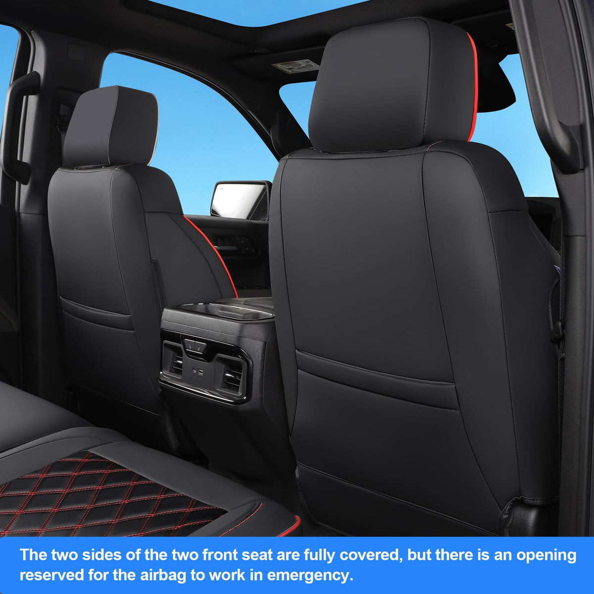 Faux Leather Seat Covers Full Set Black with Red Trim V258