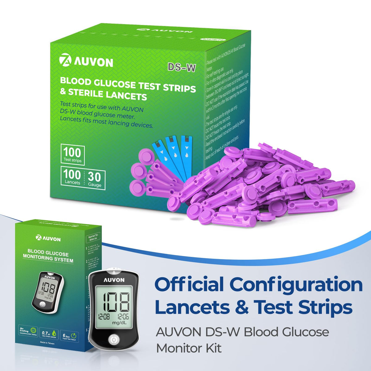 Blood Glucose Test Strips & Lancets Kit, 100 Pack, 30 Gauge H8754