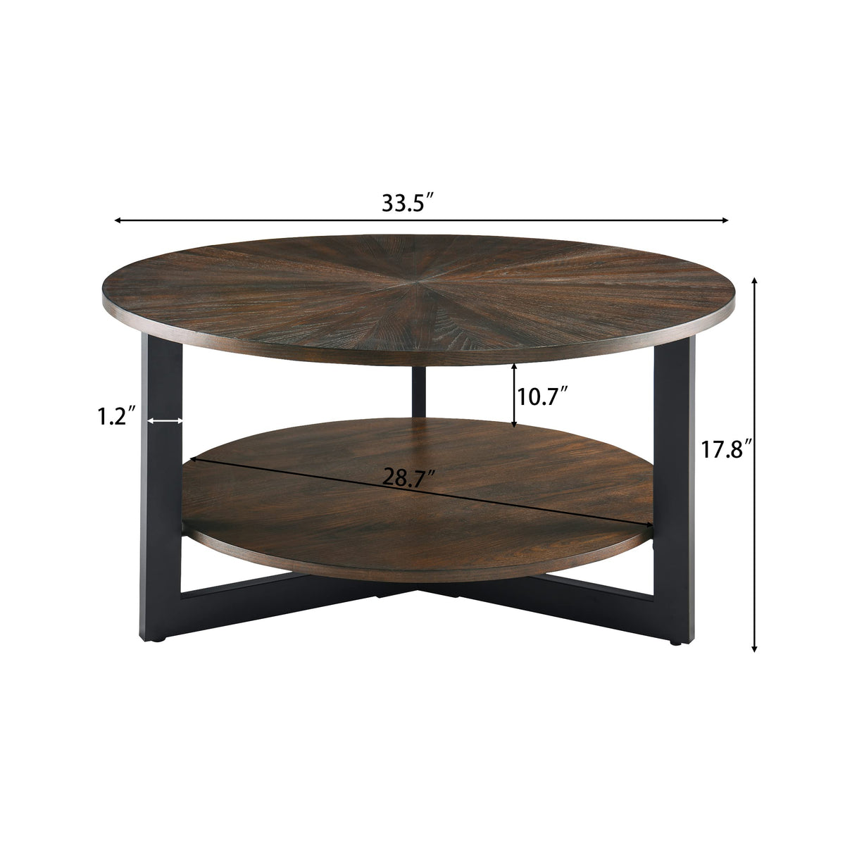 Round Coffee Table with Storage Shelf, Black Metal Legs, 35.3''D x 17.8''H J11856