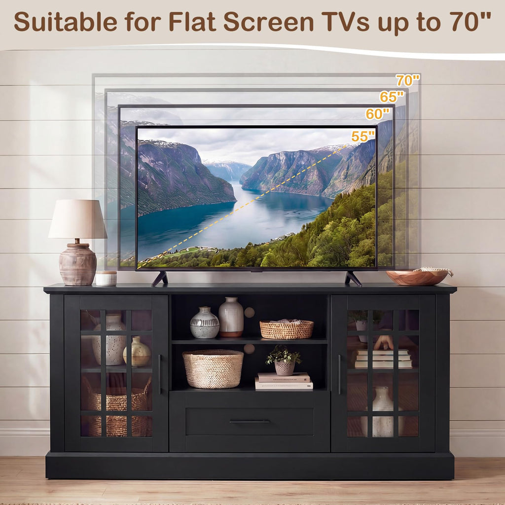 Black Wood TV Stand with 2 Glass Cabinets and 1 Drawer R401