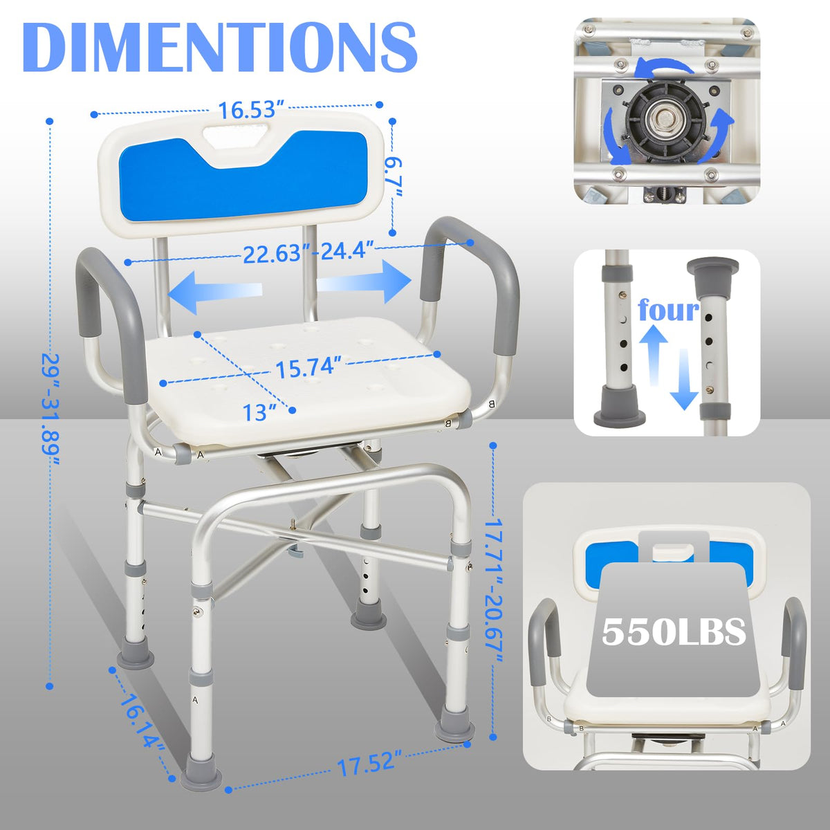 2-Level Width Adjustable 360° Heavy Duty Swivel Shower Chair with Arms and Back M5659