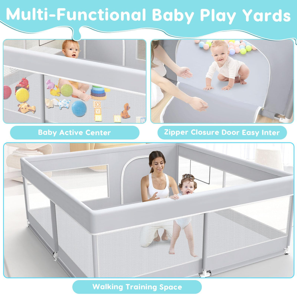 50x50 Inch Grey Baby Playpen with Mesh H817826