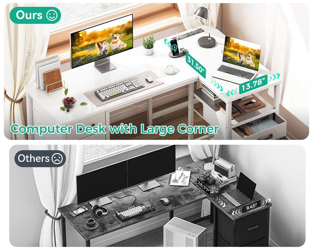 55 Inch L Shaped Office Desk with 6 Drawers White Y548319