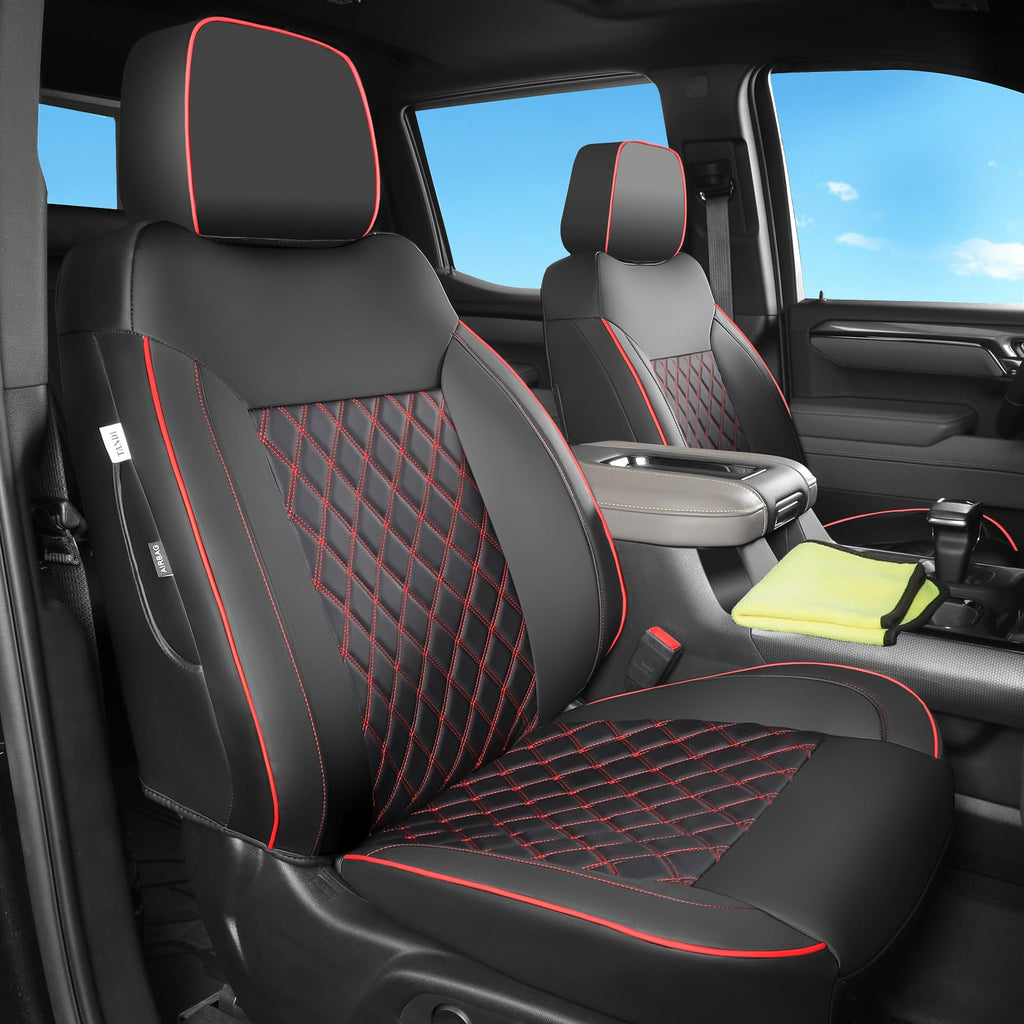 Faux Leather Seat Covers Full Set Black with Red Trim V258