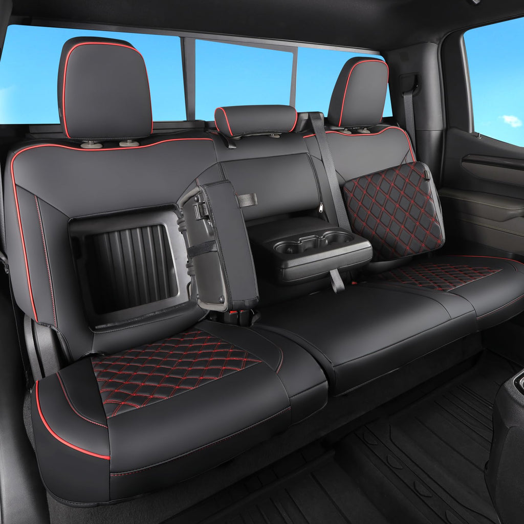 Faux Leather Seat Covers Full Set Black with Red Trim V258